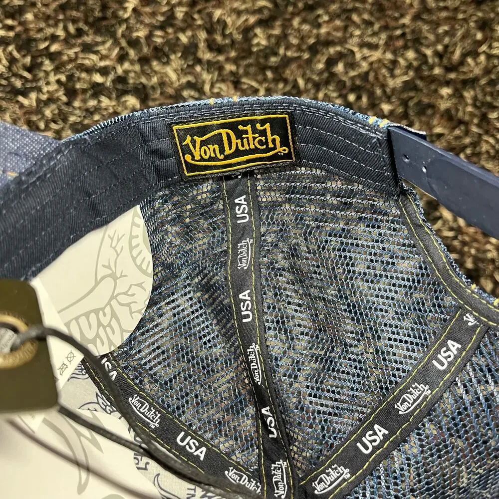 Von Dutch‎ Blue Denim Rhinestones Trucker Hat Snap Back New NWT
